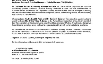 AGC ADVISORY JULY 13, 2026: Official Announcement of Executive Leadership Title Enhancements and Management Appointment
