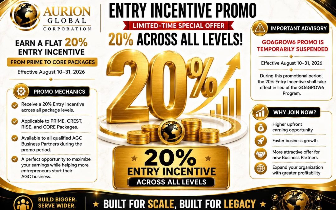 Aurion Global is giving you a 20% Entry Incentive across ALL package levels; from PRIME, CREST, RISE, to CORE! This means higher upfront income, faster business growth, and bigger earning potential every time you help someone start their AGC journey.